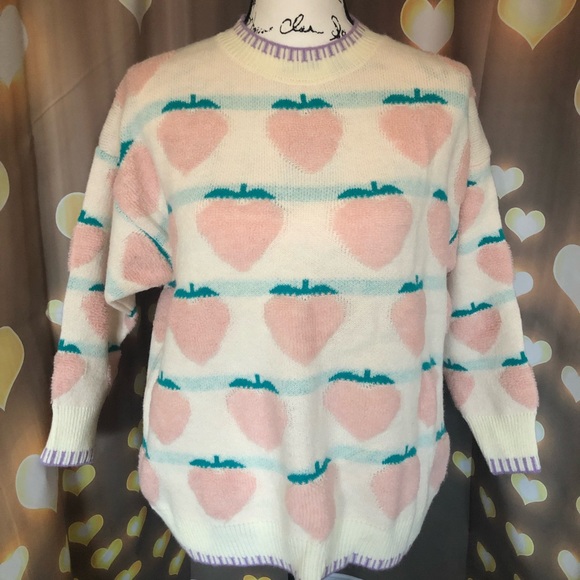 Peach sweater knit fuzzy stripe cream green loose - Picture 3 of 7